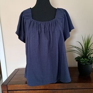 BearPaw Flutter Sleeve Blue Top Women's Medium Off The Shoulder Slub Knit Shirt